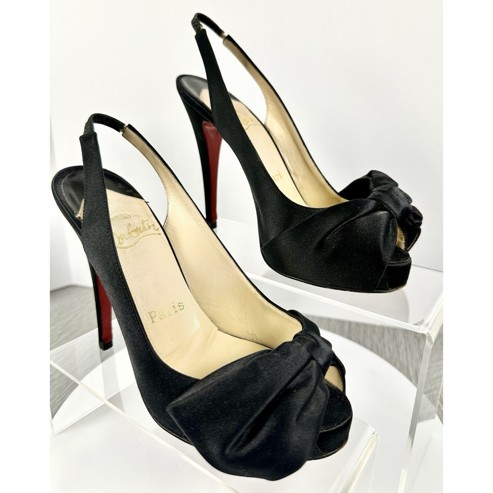 Christian Louboutin Black Satin Bow Peep Toe Platform Slingback Pumps Size 36